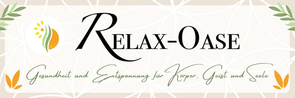 Relax-Oase Banner mit Logo, Blättern und dem Slogan "Gesundheit und Entspannung für Körper Geist und Seele"