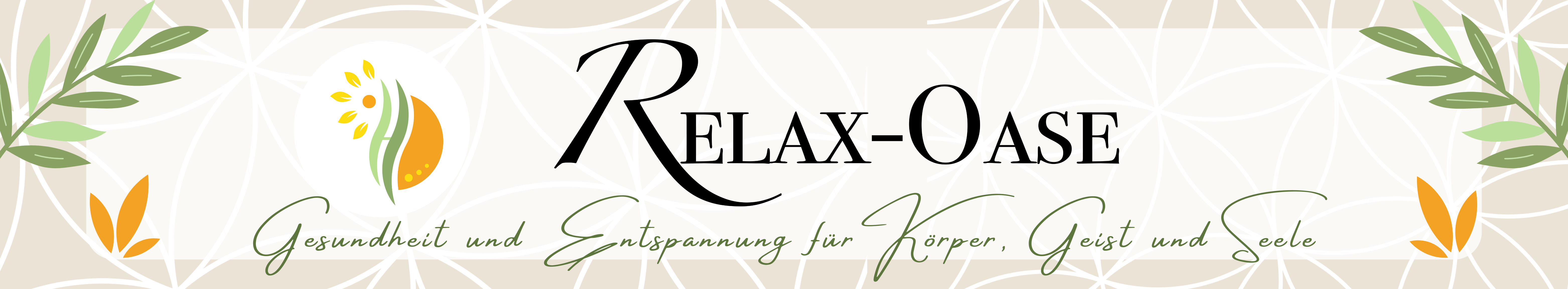 Relax-Oase Banner mit Logo, Blättern und dem Slogan "Gesundheit und Entspannung für Körper Geist und Seele"