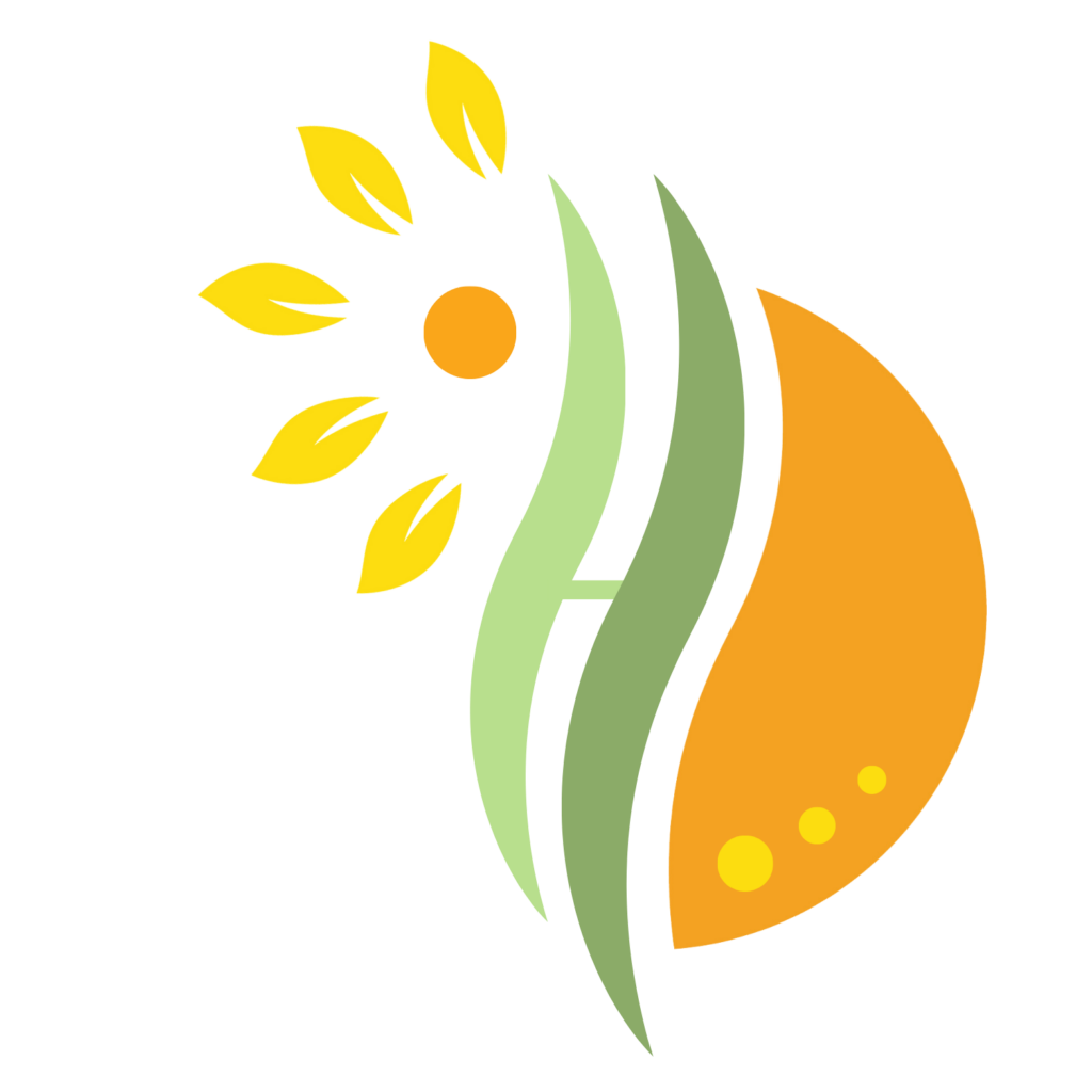 Logo Relax-Oase: Geschwungenes H in grün mit einer strahlenden Sonne links und dem YingYang Zeichen rechts in orange